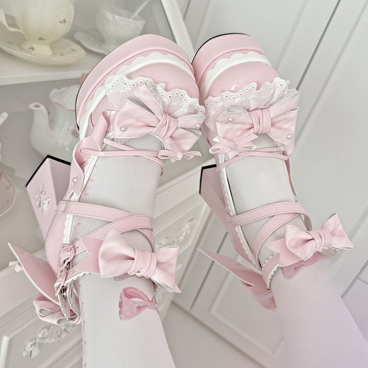 Janes High Pink Striped Block Bow Sweet PU Platform Lolita Heel Mary 10.5cm -