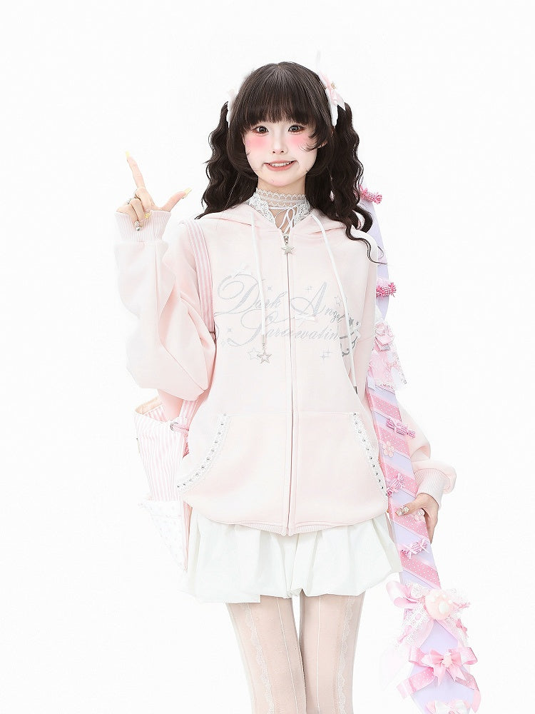 Accent with Bow Hoodie Letter Blue/Black/Pink and Print Lace-Trimmed