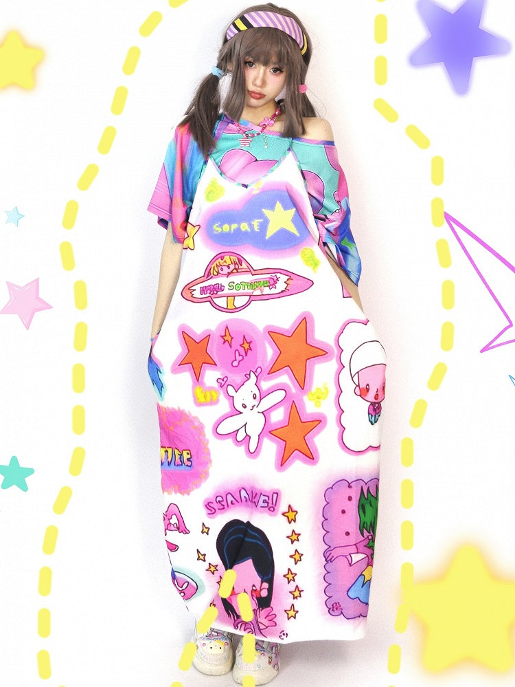 ギャルのカラフルな漫画のショートストライプファッションパターンプリントスリーブTシャツ