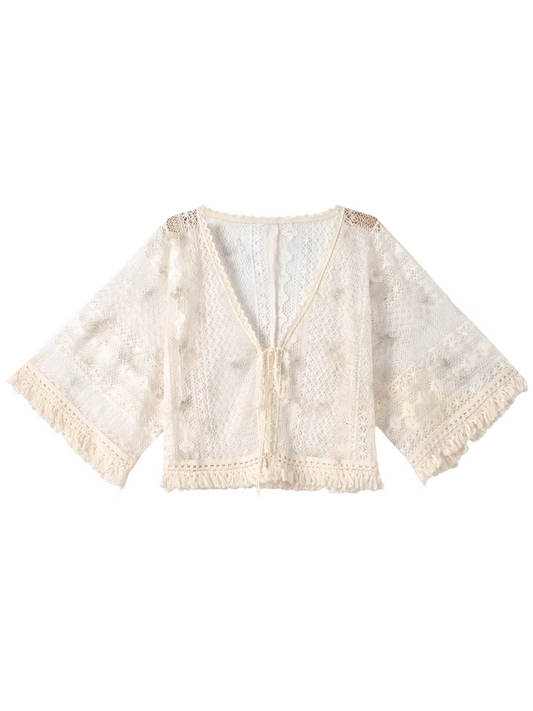 with Self-tie Strap Cardigan Beige Fringe Hem Hollow-Out Lace Cottagecore