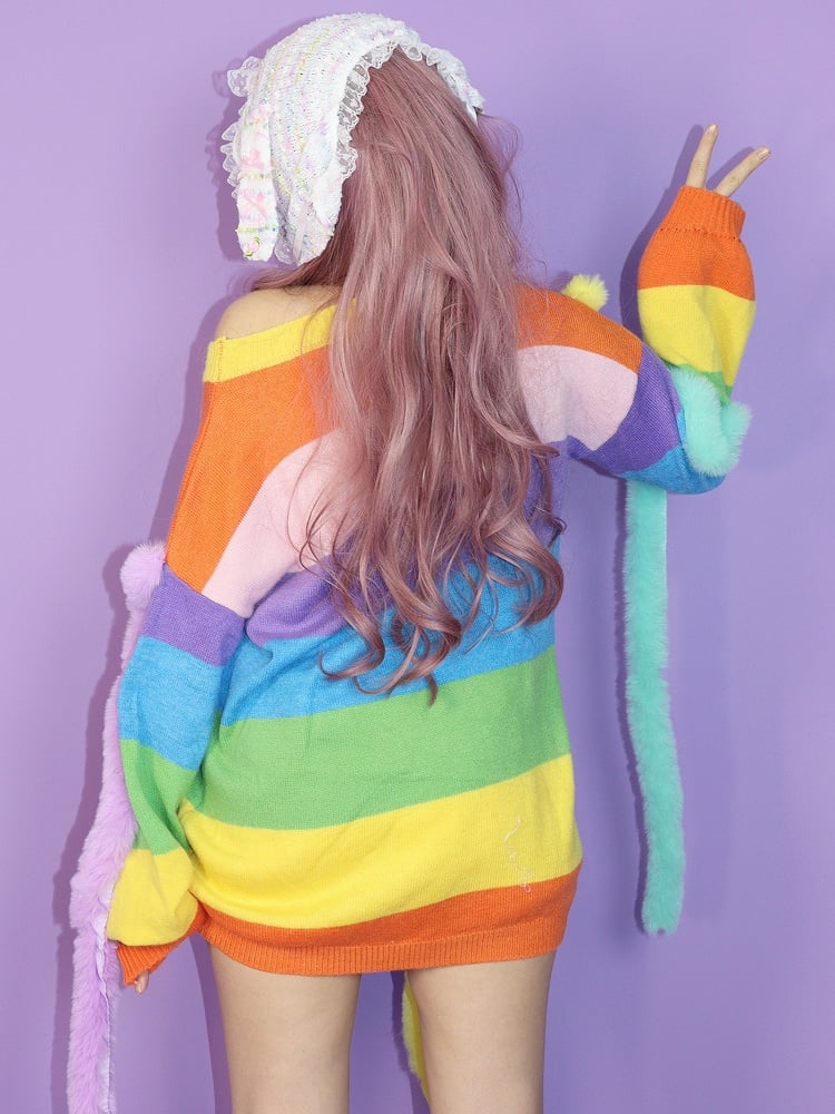 Y2K Striped Pattern Knitted Sweater Colorful Rainbow