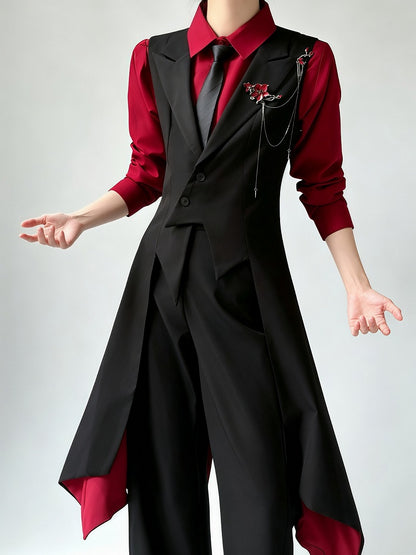 Red Inner Lining Black Tailcoat Dark Prince Waistcoat - ROAE