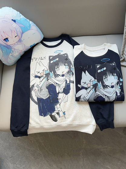 Sweatshirt Pattern Girl Navy Cartoon Design Colorblock with Blue Cotton