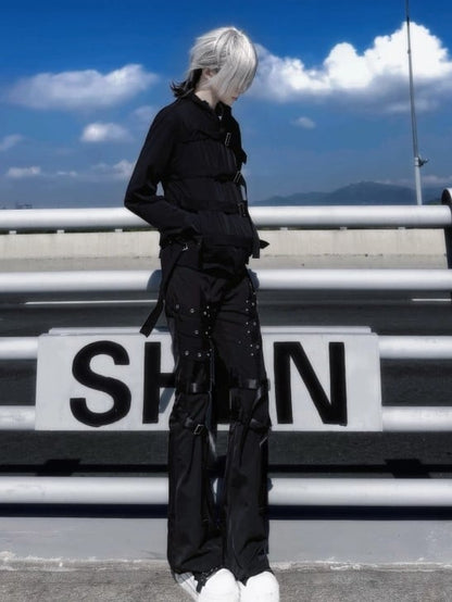 Black Batik Distressed Flared Jeans with Strap Accents - Nova nexus