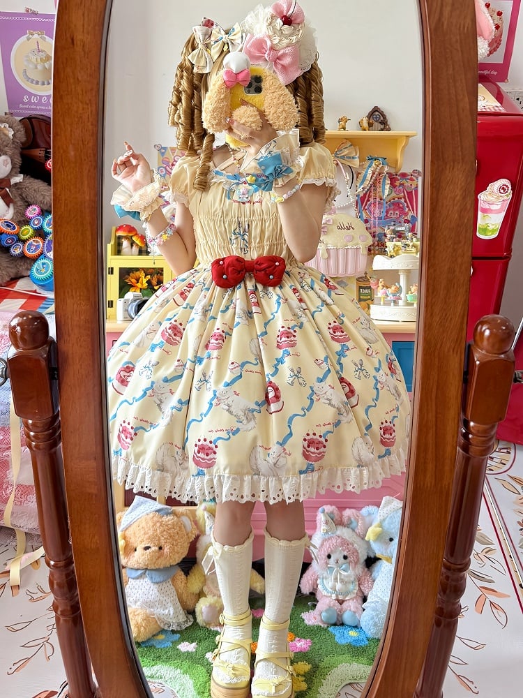 Smocked Cream One Lolita Bows Sweet and Piece Kitty Yellow Elastic Print Bodice