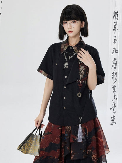 Embroidered Dragon Short Sleeve Shirt - Qing Tang Original