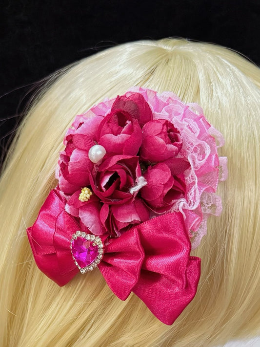 Floral Bowknot Decorated Rhinestone Red Rose Hairclip Design