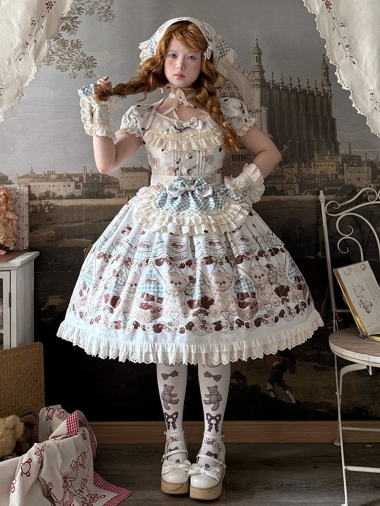 Teddy Sleeves and Short Sweet Lolita Dress White Cherry Print