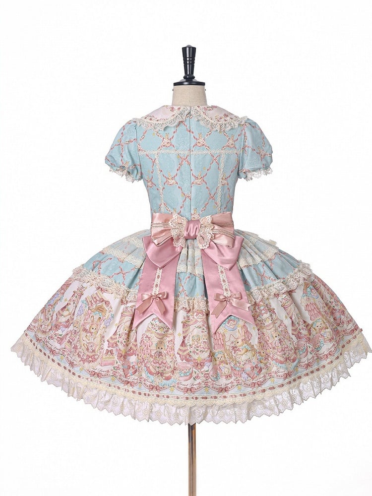 Peter Pan Collar Short-Sleeve OP Dress in Sweet Blue & Pink with Toy Bed Print - Alice Girl