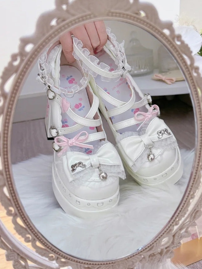 in Heels White Block High Sweet PU Decor Leather Bow -