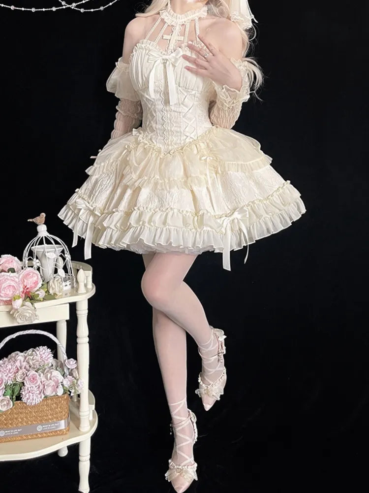 Cross Belle Elfenbein Neckholder Korsett Kleid Balletcore Prinzessin Lolita JSK