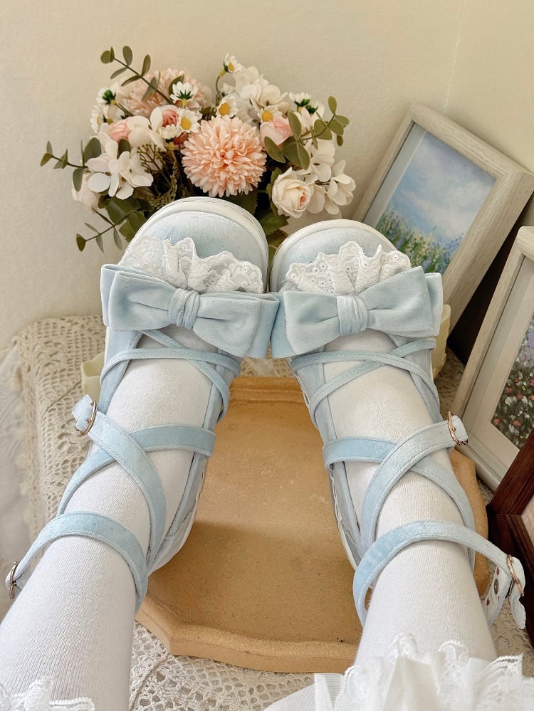 Mary Lace-Trimmed Velvet Bow Sweet Lolita Platform Blue Janes -