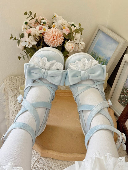 Mary Lace-Trimmed Velvet Bow Sweet Lolita Platform Blue Janes -