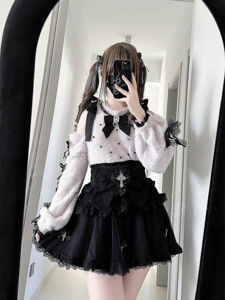 with Sweater Tie Pink Rhinestone Landmine Bow Shoulder Lace Style Cutout
