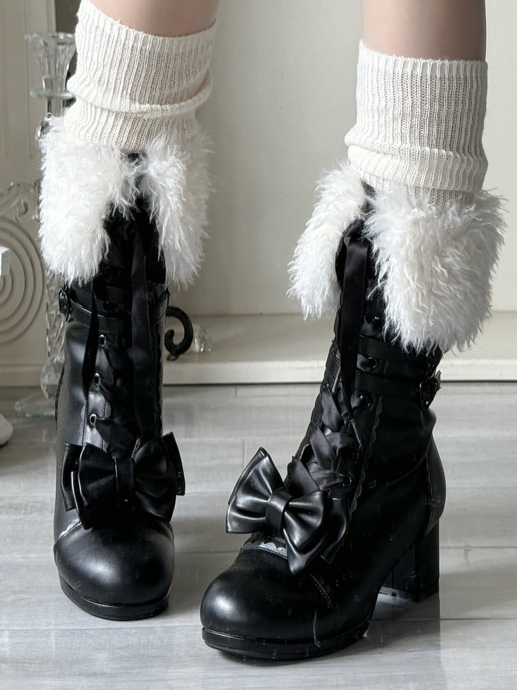 Boots Clasp - Mid-heel Top with at Sophisticated Lolita Multi-Closure Romantic Bow Black