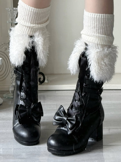 Boots Clasp - Mid-heel Top with at Sophisticated Lolita Multi-Closure Romantic Bow Black