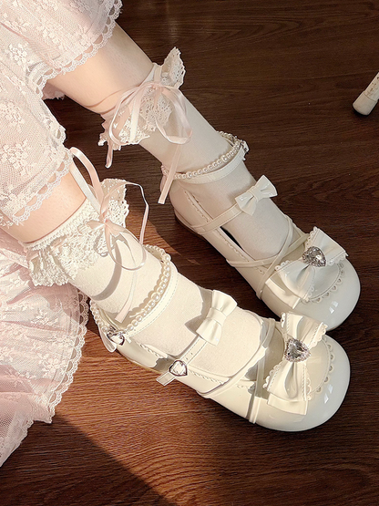 Sweet Crisscross PU Accents Bow Lolita Low-heel with White Straps Shoes