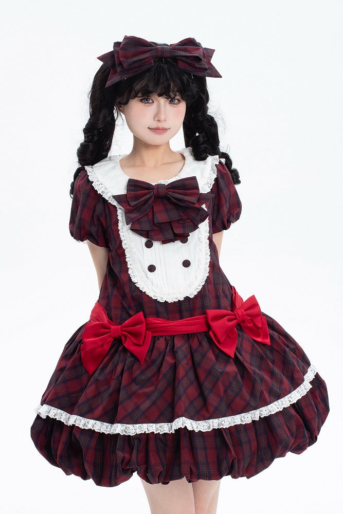 パターンパフスリーブレッドコットンバブルスカートチェック柄サマーロリータ