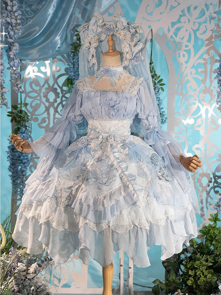 Dress Blue Accents Lolita Version JSK Rose Short Hanayome Layered Ruffles Flowing Light with