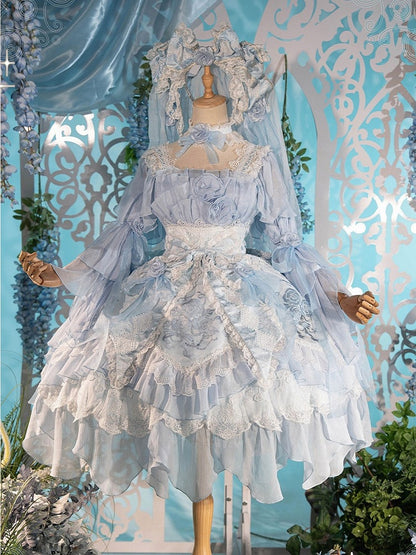 Dress Blue Accents Lolita Version JSK Rose Short Hanayome Layered Ruffles Flowing Light with