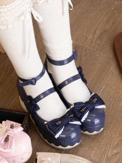 Blue Trim Striped Platforms Lace Top PU Lolita Scalloped Bow Hem with - Navy