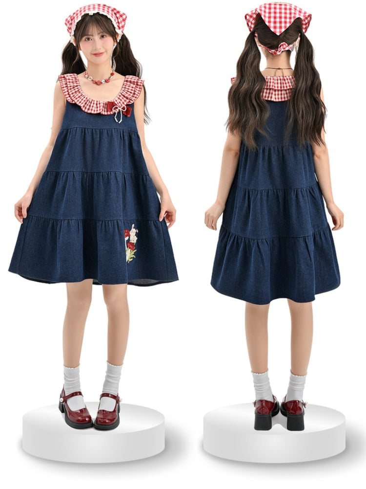 Bunny and Mushroom Embroidery Red Navy Blue Sleeveless Dress Neckline Plaid