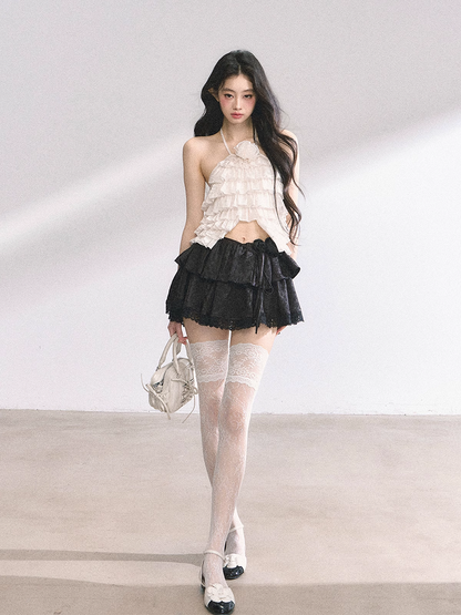 スカート ブラック/アプリコット 伸縮性ウエスト レーストリム 花柄 ティアード ミニ