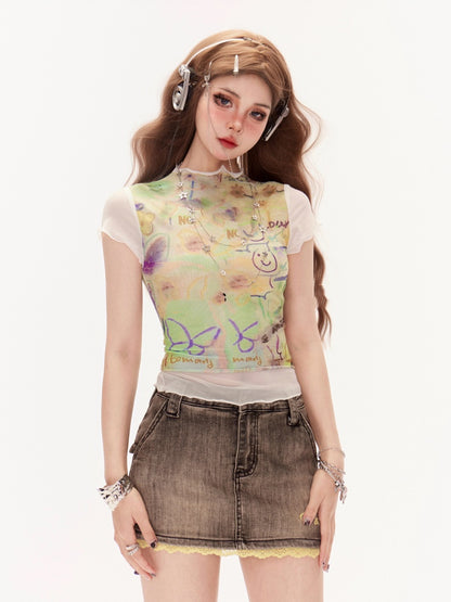 フェードウォッシュレーストリムブラックローウエストヴィンテージデニムスカート