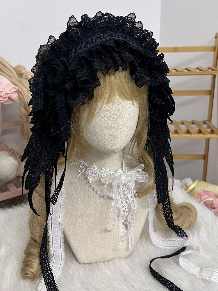Wings Lace Angle Black/White Gorgeous Ruffled Hairband Bow