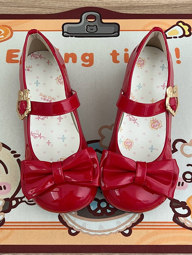 Wine Red Sweet Lolita Mary Jane Shoes - Round Toe with Bow Details & Rabbit Buckle