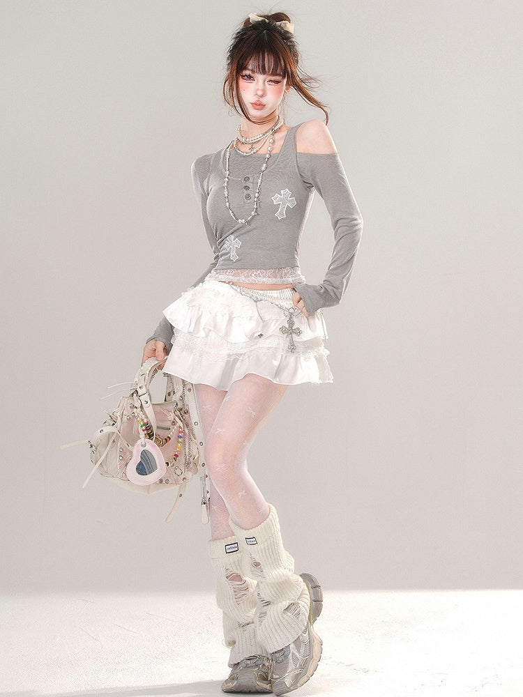 Grey Asymmetrical Neckline Top with Lace Cross Appliques Tank Top Set