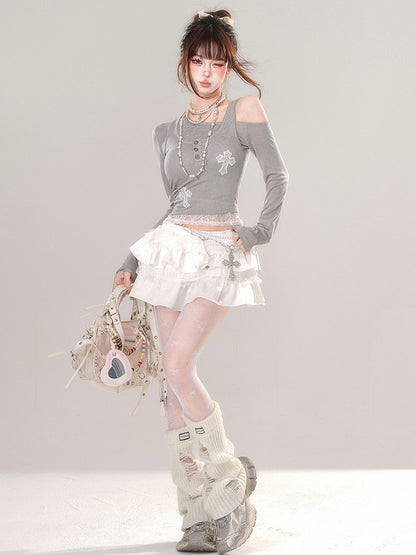 Grey Asymmetrical Neckline Top with Lace Cross Appliques Tank Top Set