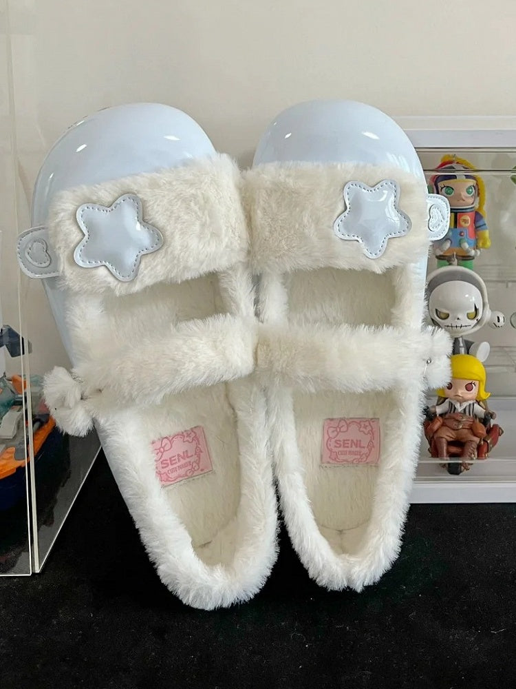 Accent Flats Button Star Baby Plush Lolita Sweet Detail - Cozy for Snap Blue Strap Winter