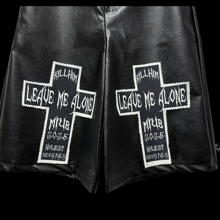 Rock Y2K Black Cross Applique Punk PU Wide-Leg Pants