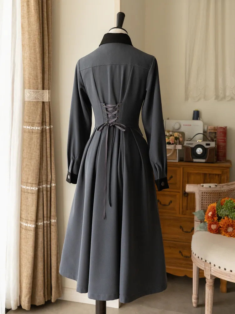 エレガントなワンピース グレー ダーク ウィンター オータム ケープとデザイン クラシック ロリータ