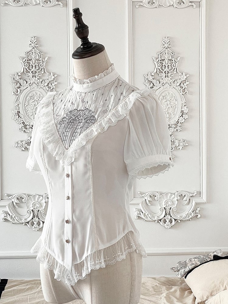 Trim Design Gothic Blouse Embroidered Lace with and White Lolita