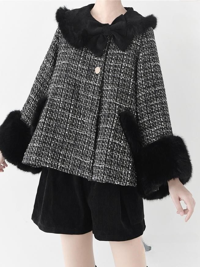 Fur Cropped Plush Black Tweed White Faux with Lolita Cuffs Coat