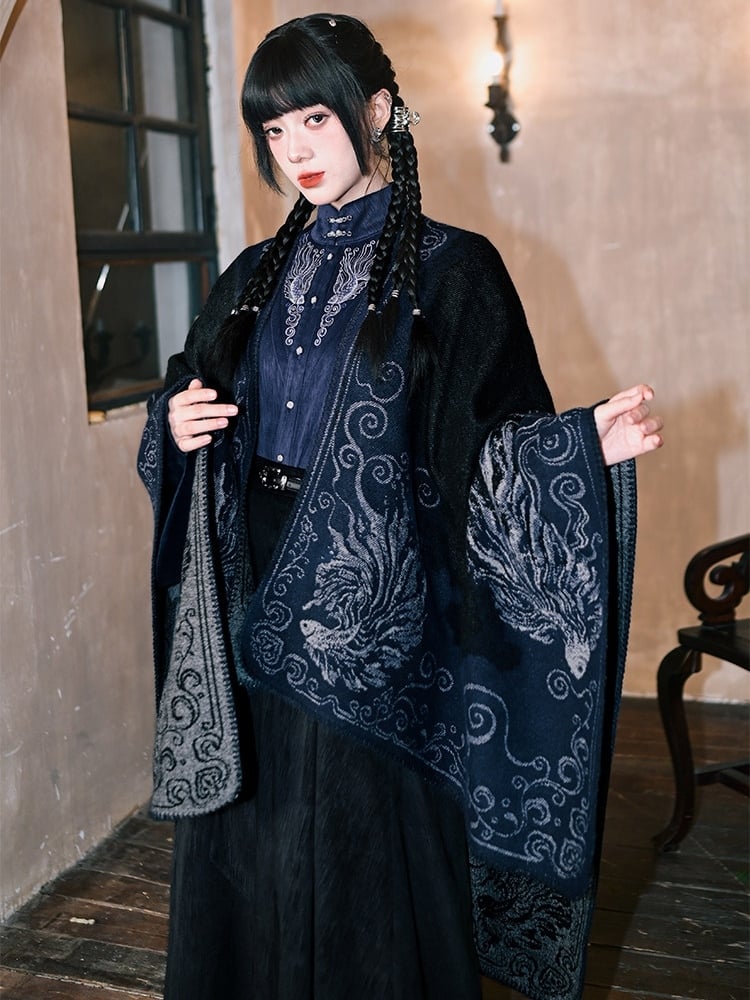 with Gothic Navy Shawl Print Koi Fish