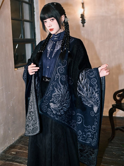 with Gothic Navy Shawl Print Koi Fish