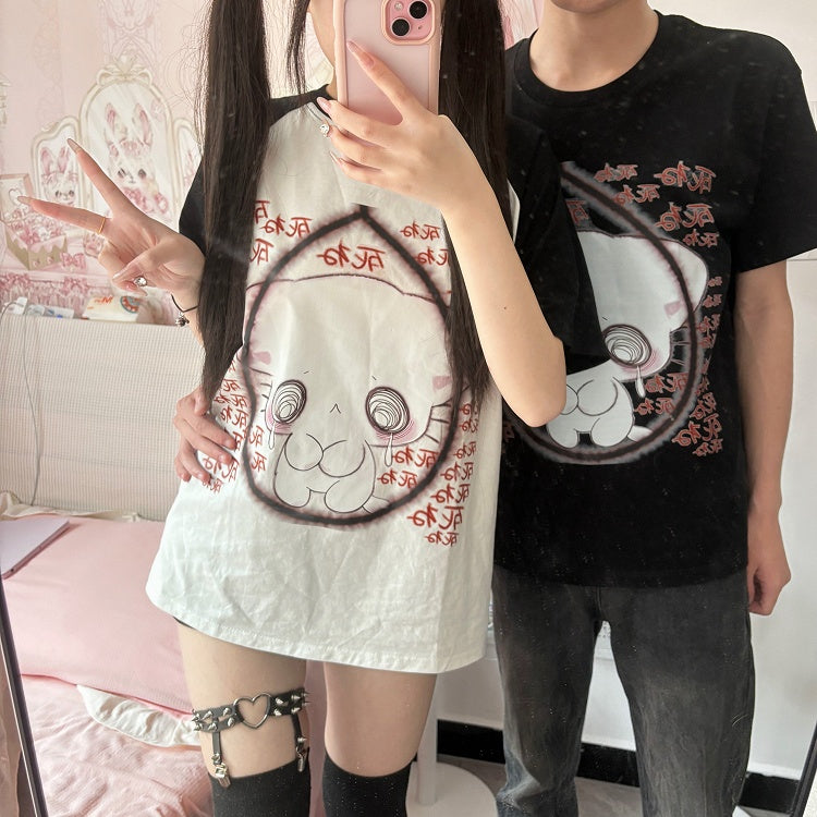 Crew Cotton Kitty Black Dizzy White T-shirt Neck with Print