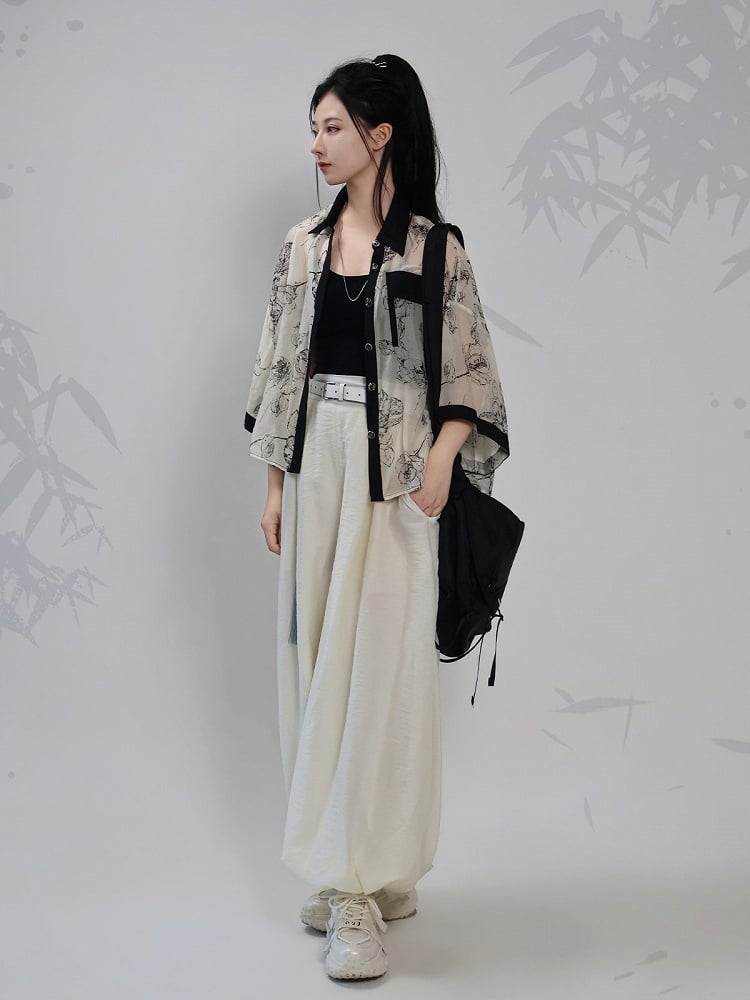 Beige Ink Wash Floral Short Sleeve Tencel Shirt and Camisole Set - Feng Hua Gui Guo Ling