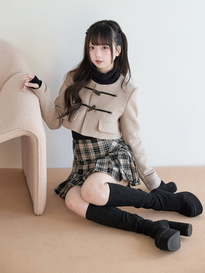 Coat Wool Kei Style Beige Blend Cropped Closures Pure Toggle Jirai with