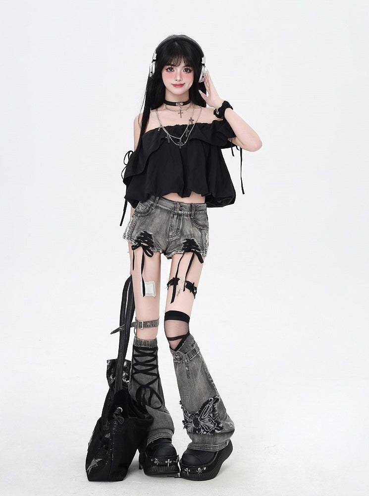 mit Bein Dusty Grey Schnürdetails Butterfly Warmers Applikation Saum Denim Shorts