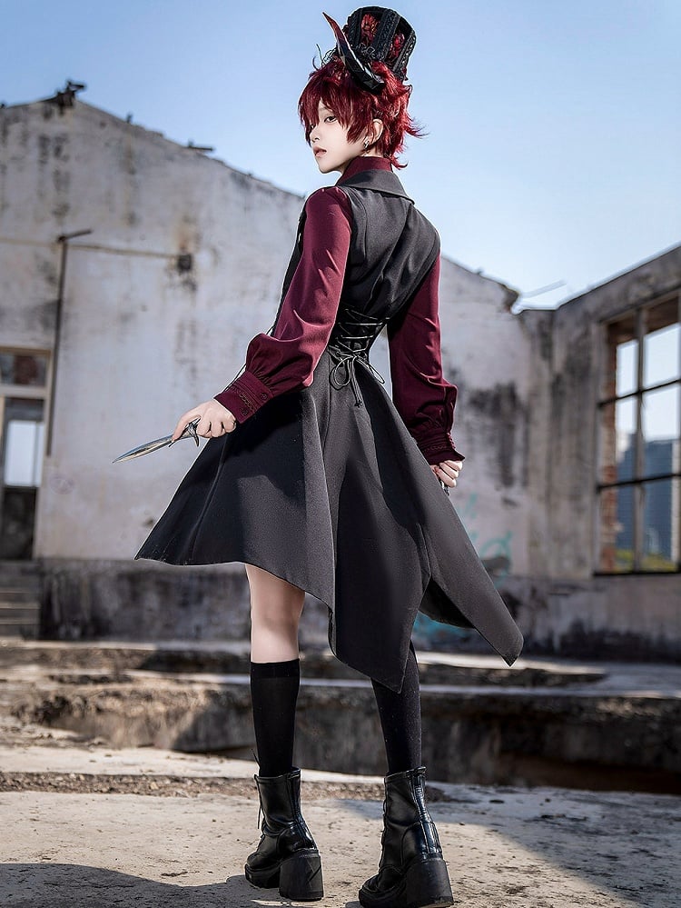 Black Ouji Lolita Lace-up Closure Long Waistcoat