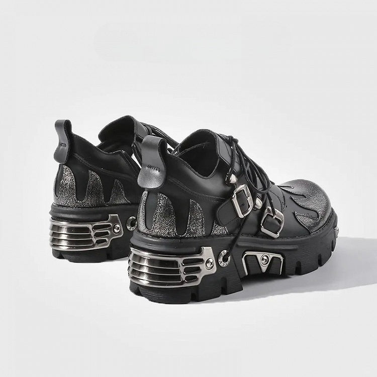 Sole Flame with Platform Triple Metal Plates Punk Closure - Detailing Shoes System Black