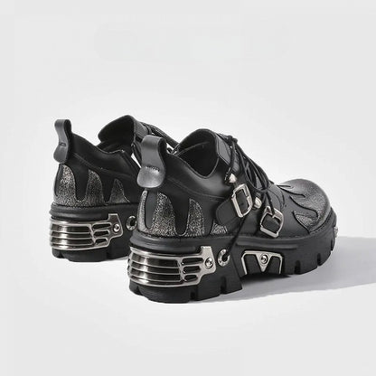Sole Flame with Platform Triple Metal Plates Punk Closure - Detailing Shoes System Black