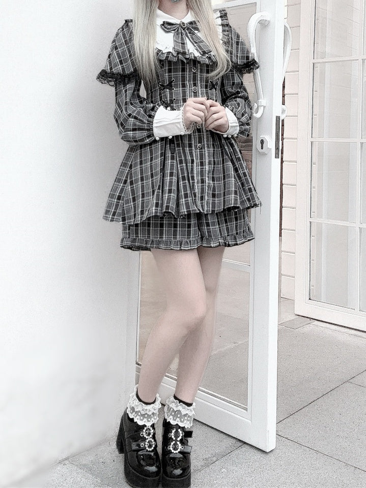 Jirai Bow + Long-Sleeve Dress Tie Design Matching Kei Shorts Set Grey Cape Lace-Up Plaid