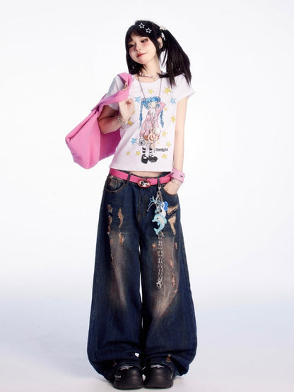 Y2K Cartoon Girl and Star Print White Round Neck T-shirt