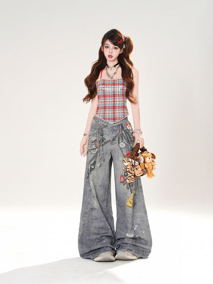 セルフタイネックバック、バックレストップ、リボン、レッドチェック柄ホルターネック