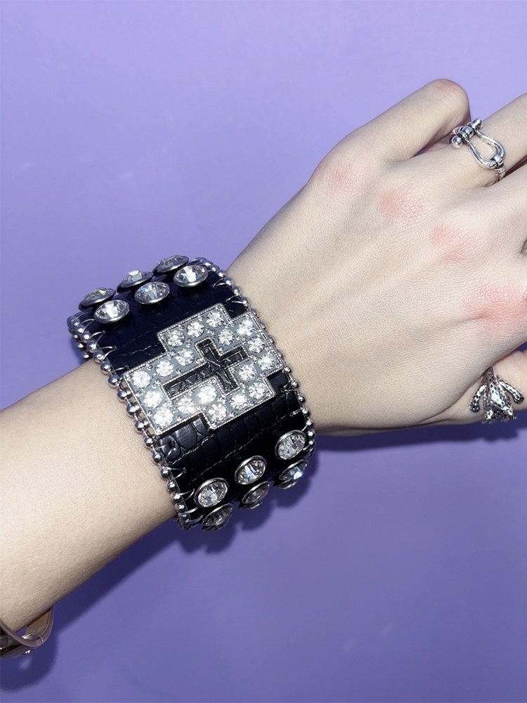 Red/Black/Silver Wristband Y2K Rhinestone Bracelet Decorated Cross Design